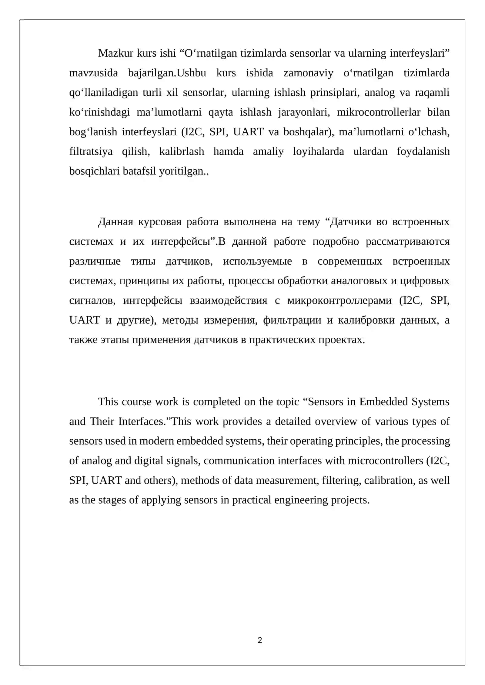 "O‘rnatilgan tizimlarda sensorlar va ularning interfeyslari" kurs ishi 2