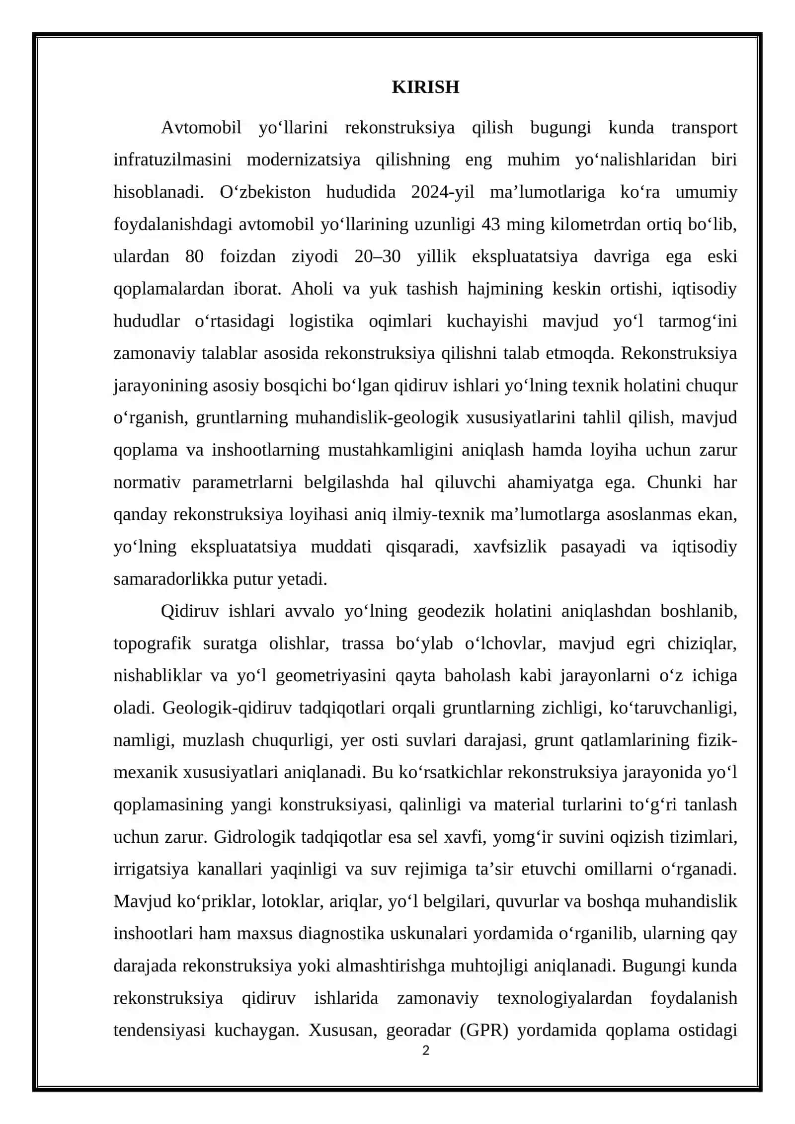 Avtomobil yo'lining rekonstruksiya qidiruv ishlari o'ziga xos xususiyalar 2