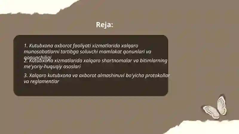 Kutubhona axborot faoliyati hizmatlarida xalqaro munosabatlarini tartibga solish to'g'risidagi me'yoriyxuquqiy hujjatlar 2