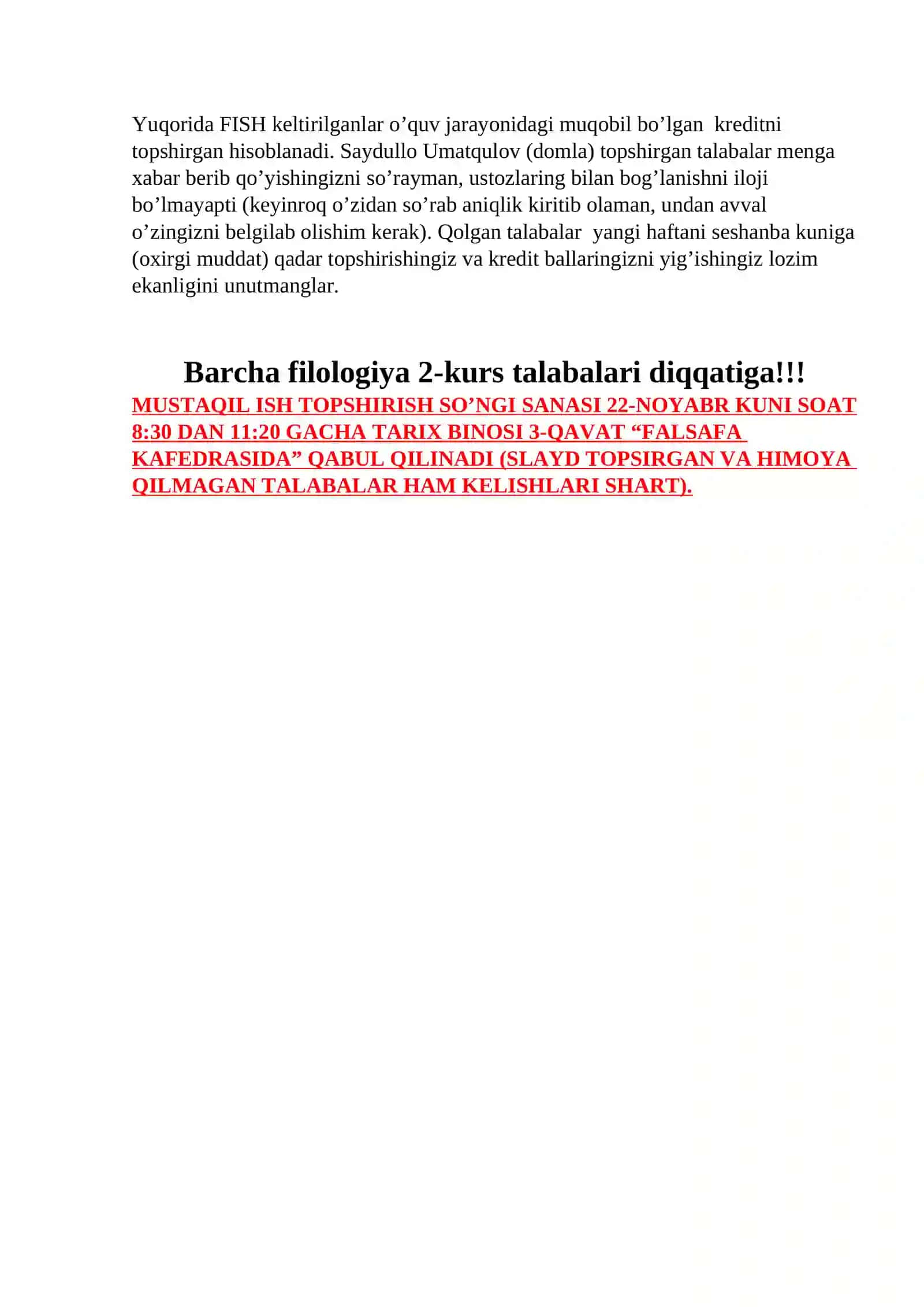FALSAFA fanidan mustaqil ish topshirgan talabalar ro’yxati 2