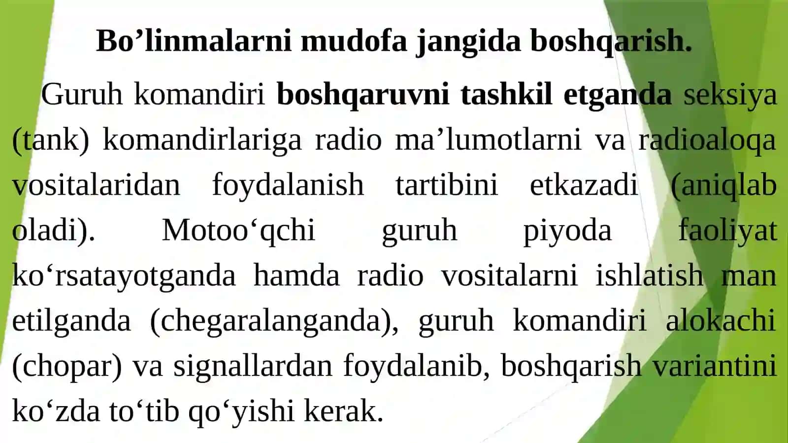 Bo'linmalarni turli jang turlarida (jangovar harakatlar) boshqarish 2