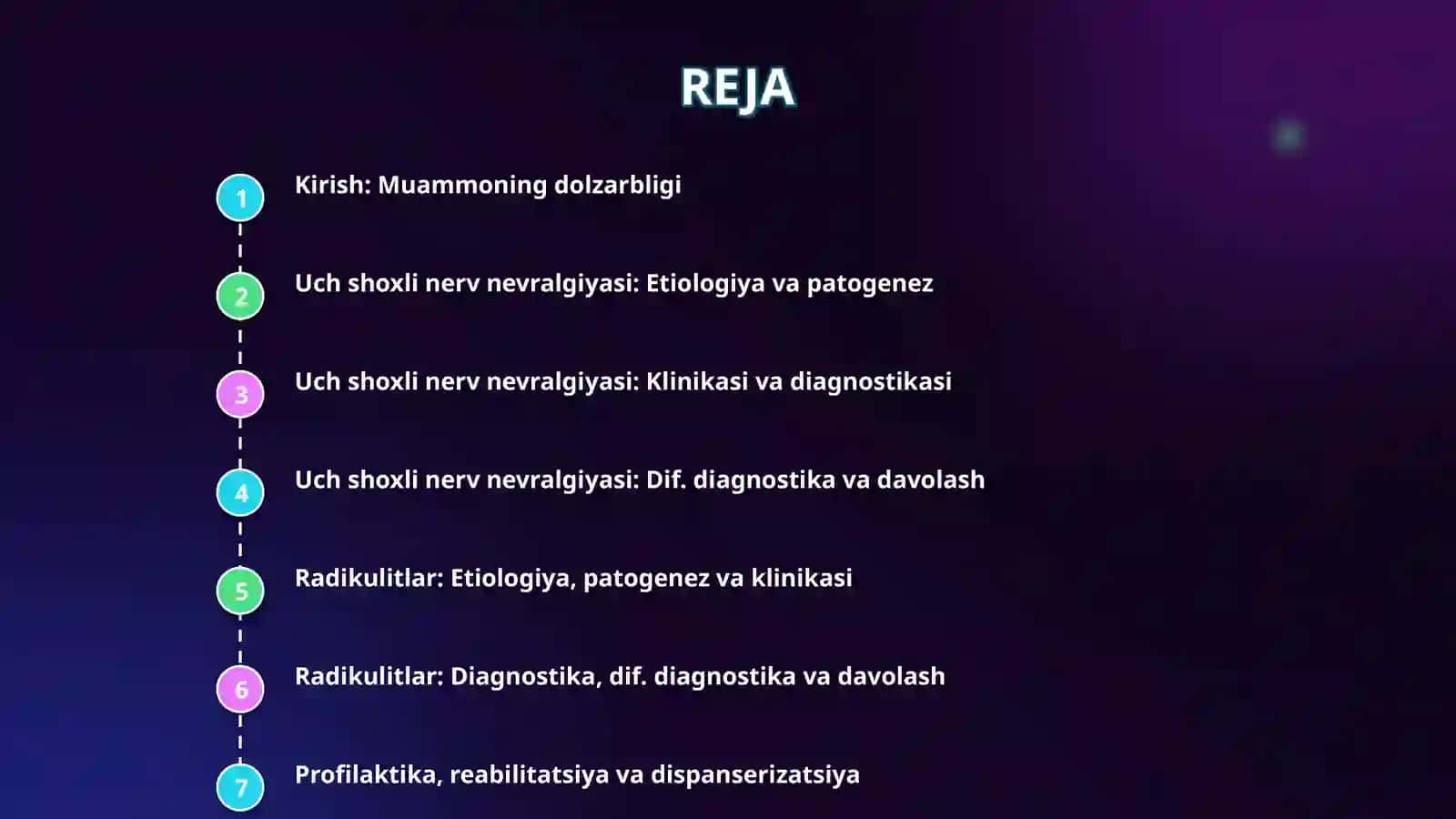 Uch shoxli nerv nevralgiyasi: VOP taktikasi. Etiologiyasi, patogenezi, klinikasi, diagnostika, dif.diagnostika, davolash, profilaktika, reabilitatsiya, dispanserizatsiya. 2