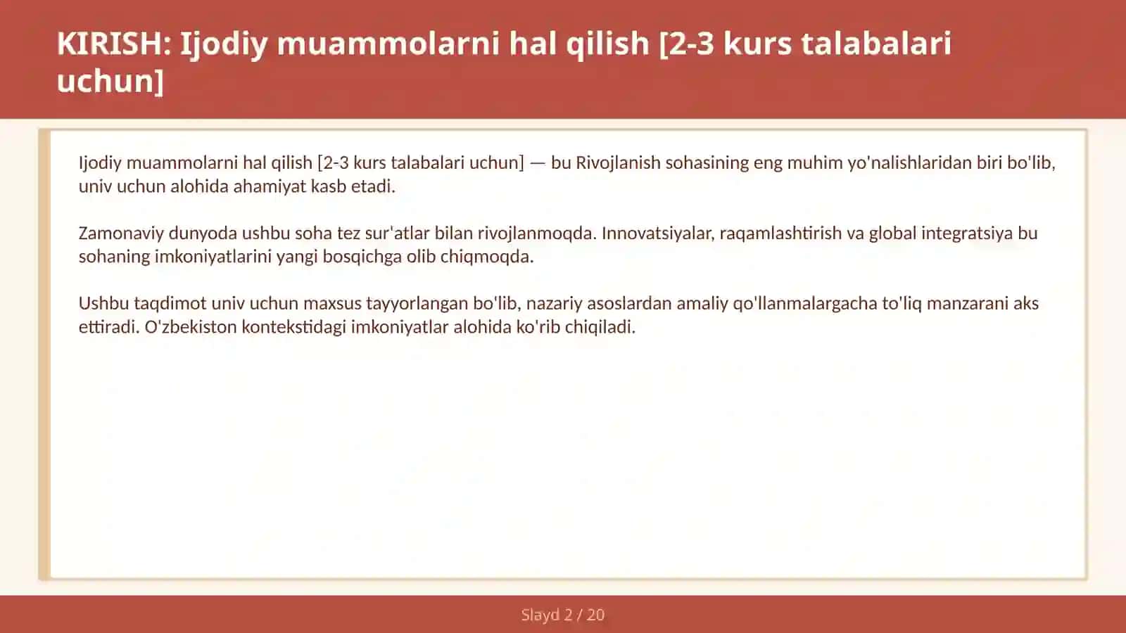 Ijodiy muammolarni hal qilish [2-3 kurs talabalari uchun] 2