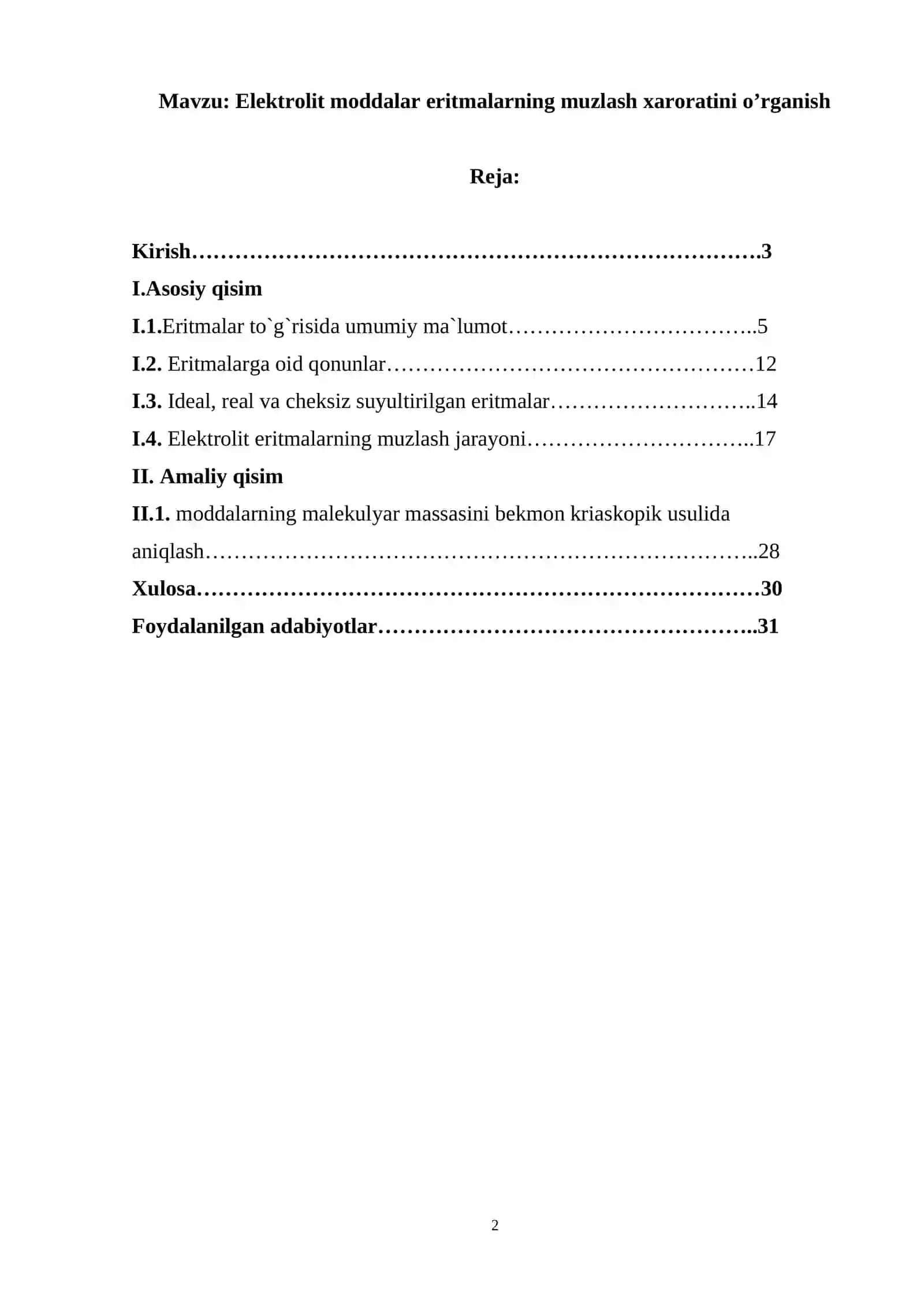 Elektrolit moddalar eritmalarning muzlash xaroratini o'rganish 2