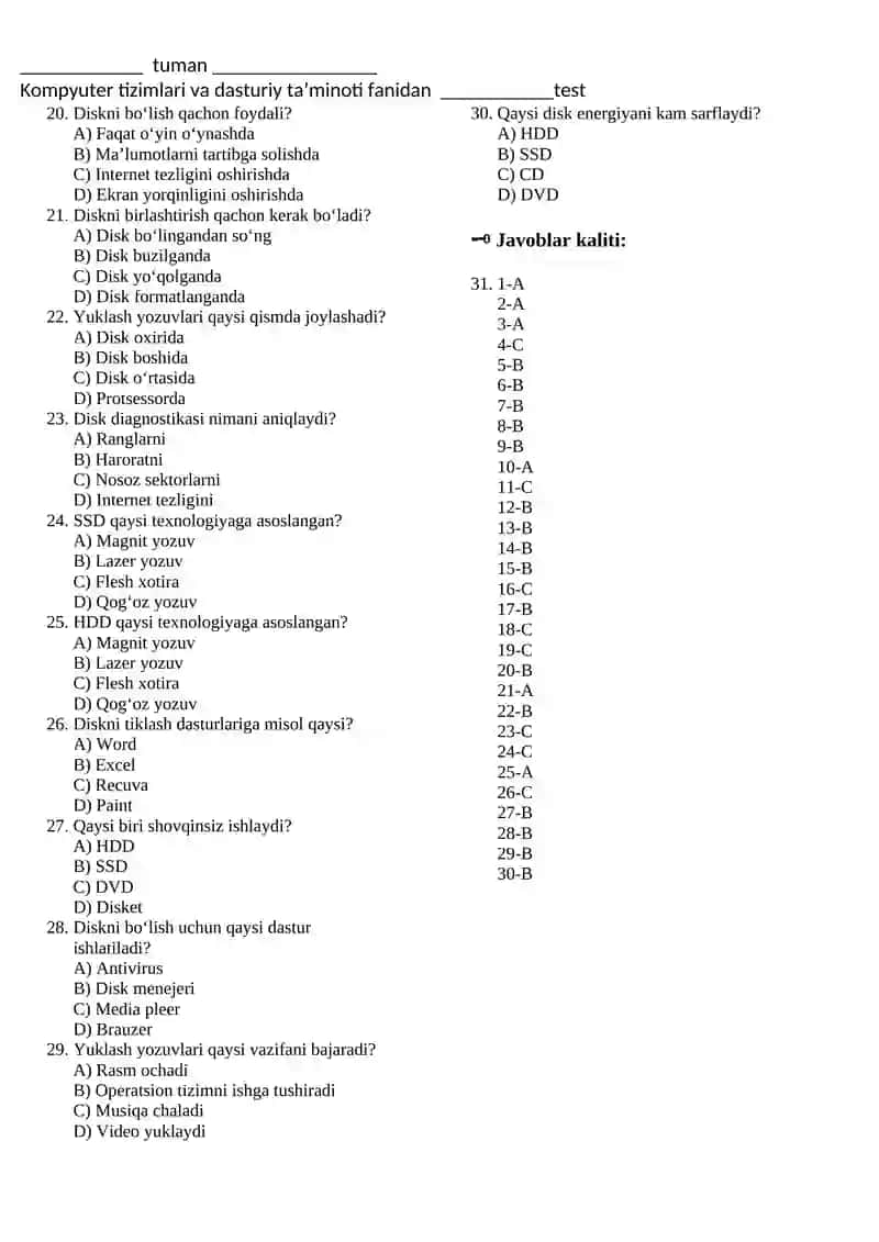 Kompyuter tizimlari va dasturiy ta’minoti fanidan ___________test 2