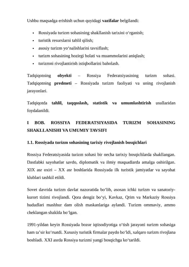 Rossiya Federatsiyasida Turizm Sohasining Shakllanishi va Umumiy Tavsifi 2