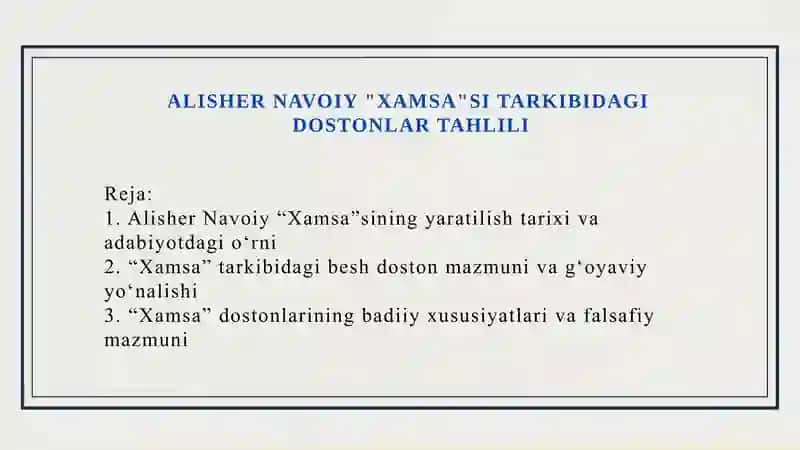 ALISHER NAVOIY "XAMSA"SI TARKIBIDAGI 
DOSTONLAR TAHLILI 2