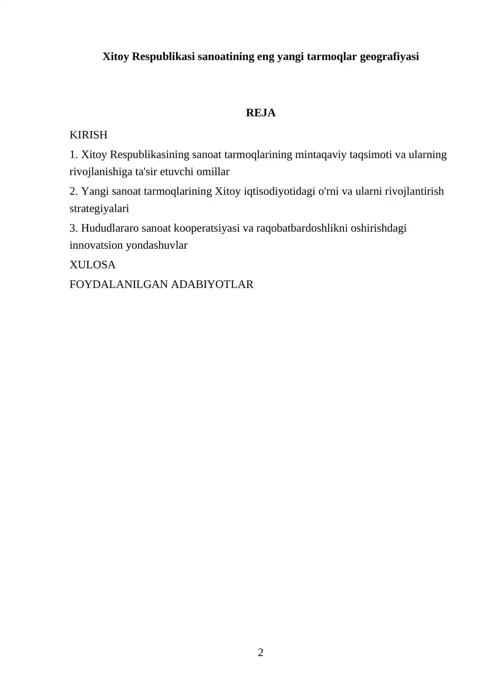 Xitoy Respublikasi sanoatining eng yangi tarmoqlar geografiyasi 2