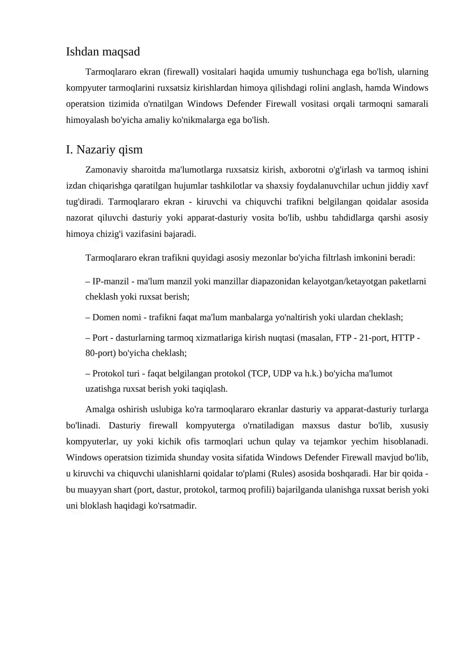 Tarmoqlararo ekran vositasi yordamida tarmoq himoyasini qurish 2