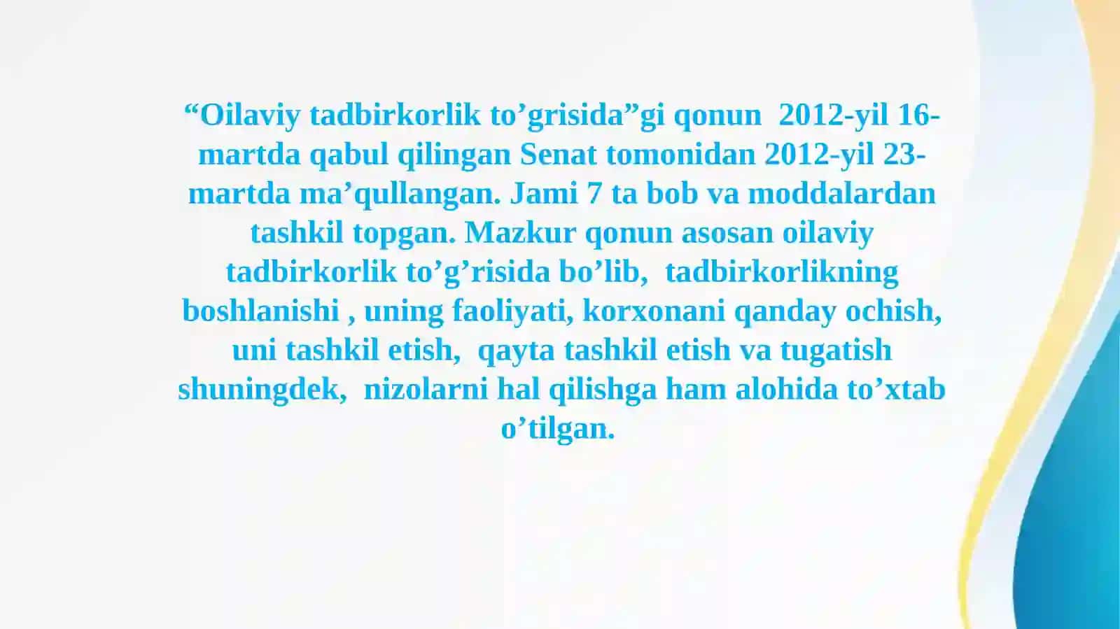 Oilaviy tadbirkorlik to’g’risidagi qonun 2