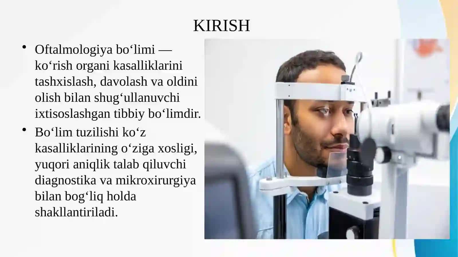 Oftalmologiya bo‘limining tuzilishi va o‘ziga xosliklari(Sog‘liqni saqlashni tashkil etish tamoyillari 2