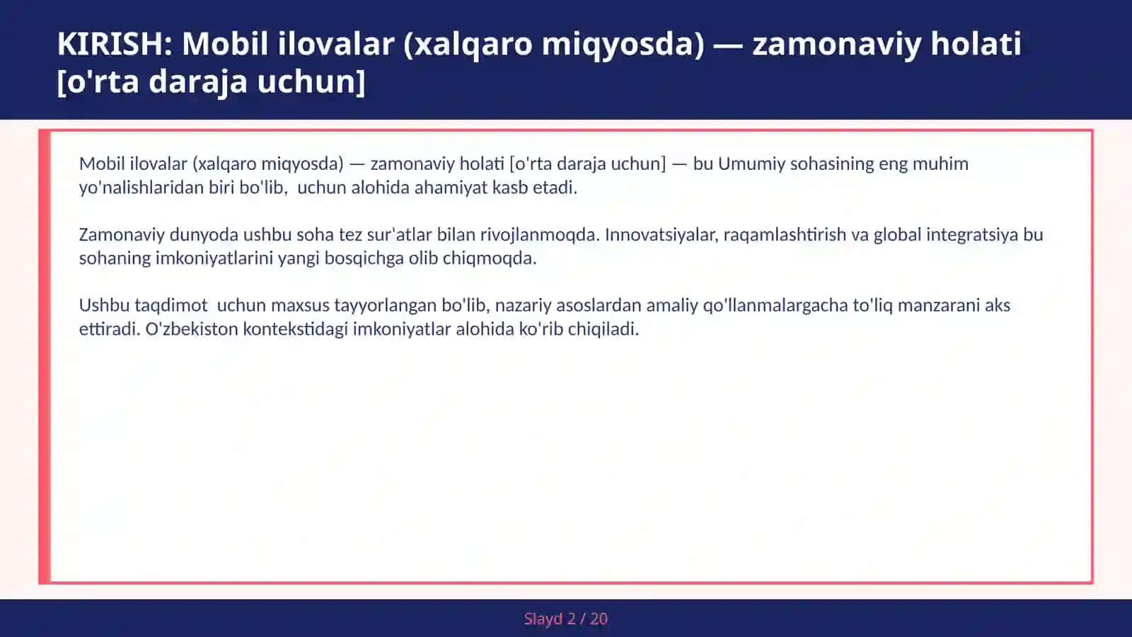 MOBIL ILOVALAR (XALQARO MIQYOSDA) — ZAMONAVIY HOLATI [O'RTA DARAJA UCHUN] 2