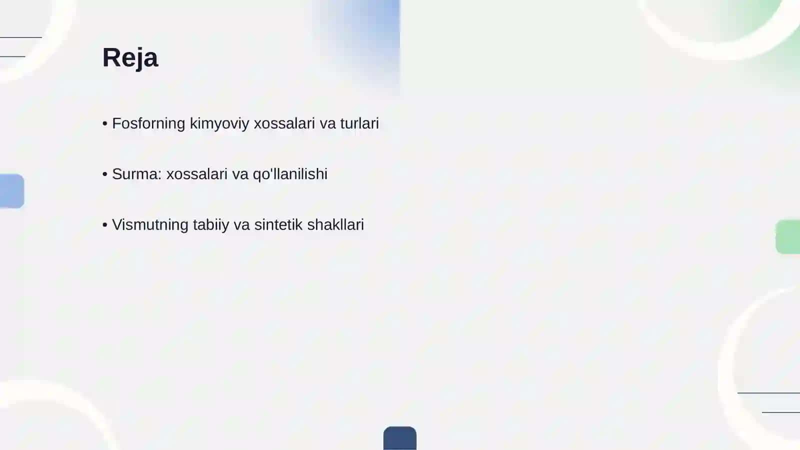Fosfor, surma va vismut. Ularning birikmalari va xossalari 2