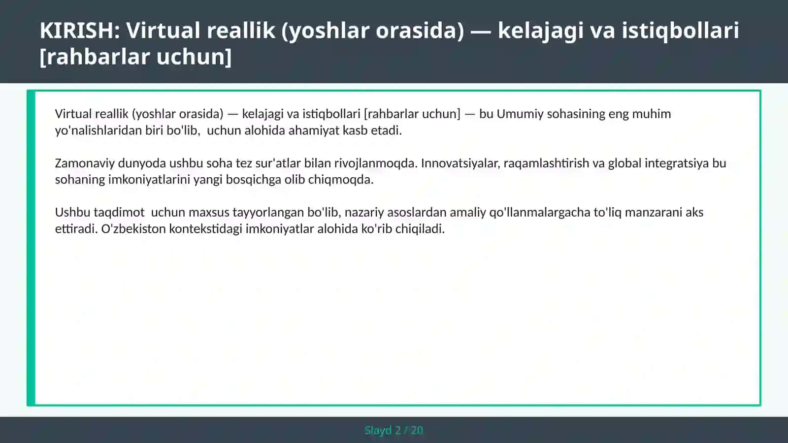 VIRTUAL REALLIK (YOSHLAR ORASIDA) — KELAJAGI VA ISTIQBOLLARI [RAHBARLAR UCHUN] 2