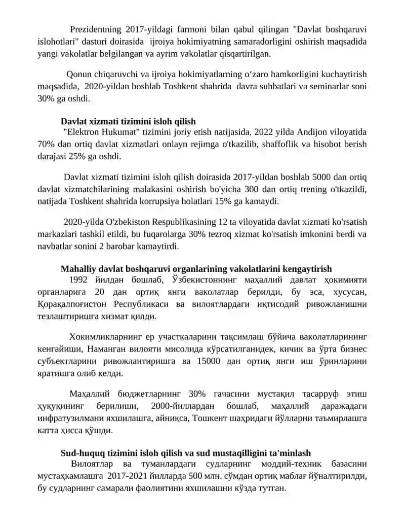 Davlat boshqaruvi tizimida amalga oshirililgan islohotlar 2