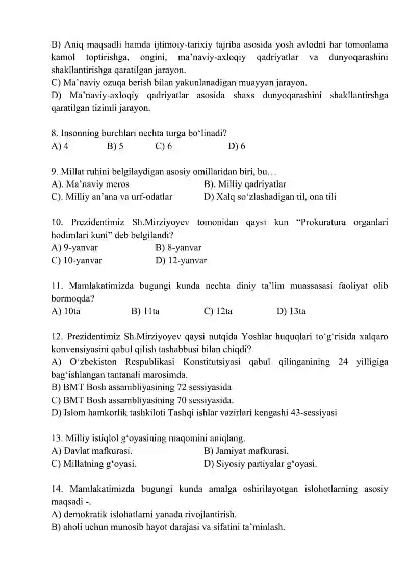 O‘rta ta’lim muassasalarida faoliyat yuritayotgan tarbiya fani o‘qituvchilari uchun test savollari 2