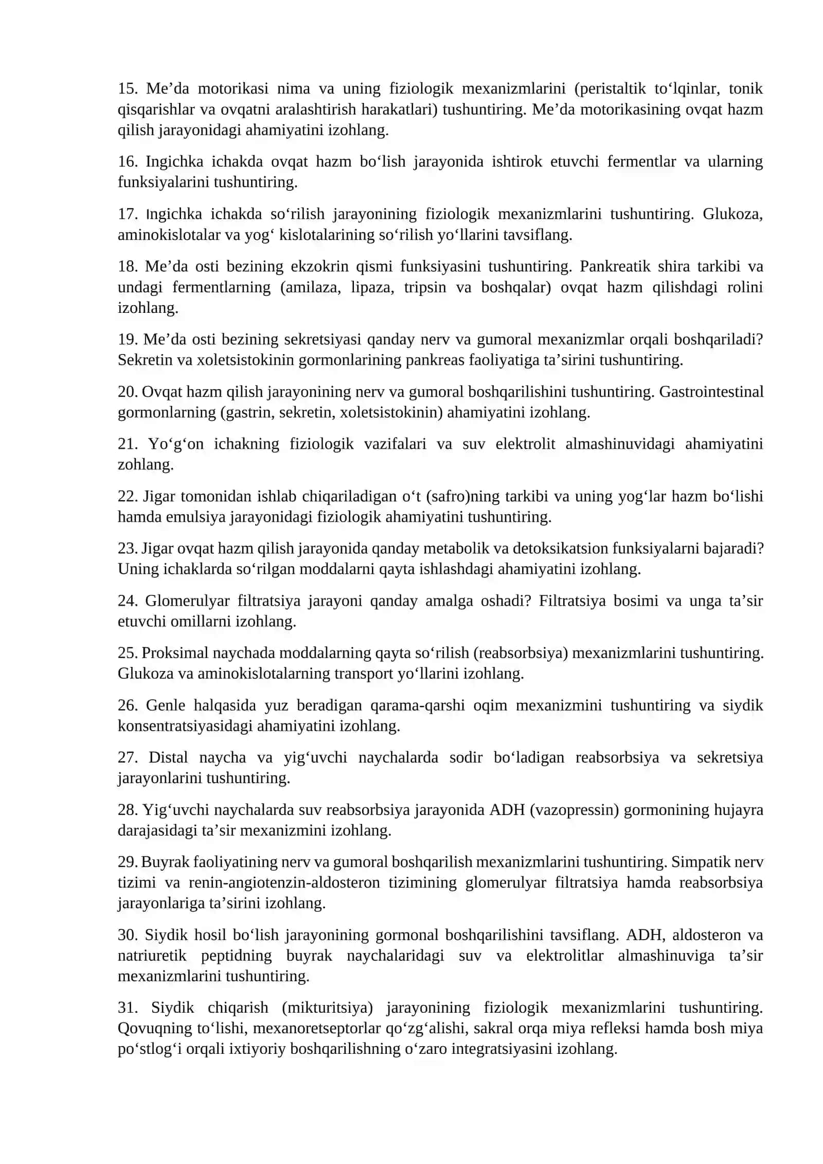 Normal va patologik fiziologiya kafedrasi Normal fiziologiya fanidan 2-kurs Davolash ishi Pediatiriya yo‘nalishi talabalari uchun Yakuniy nazorat savollari 2