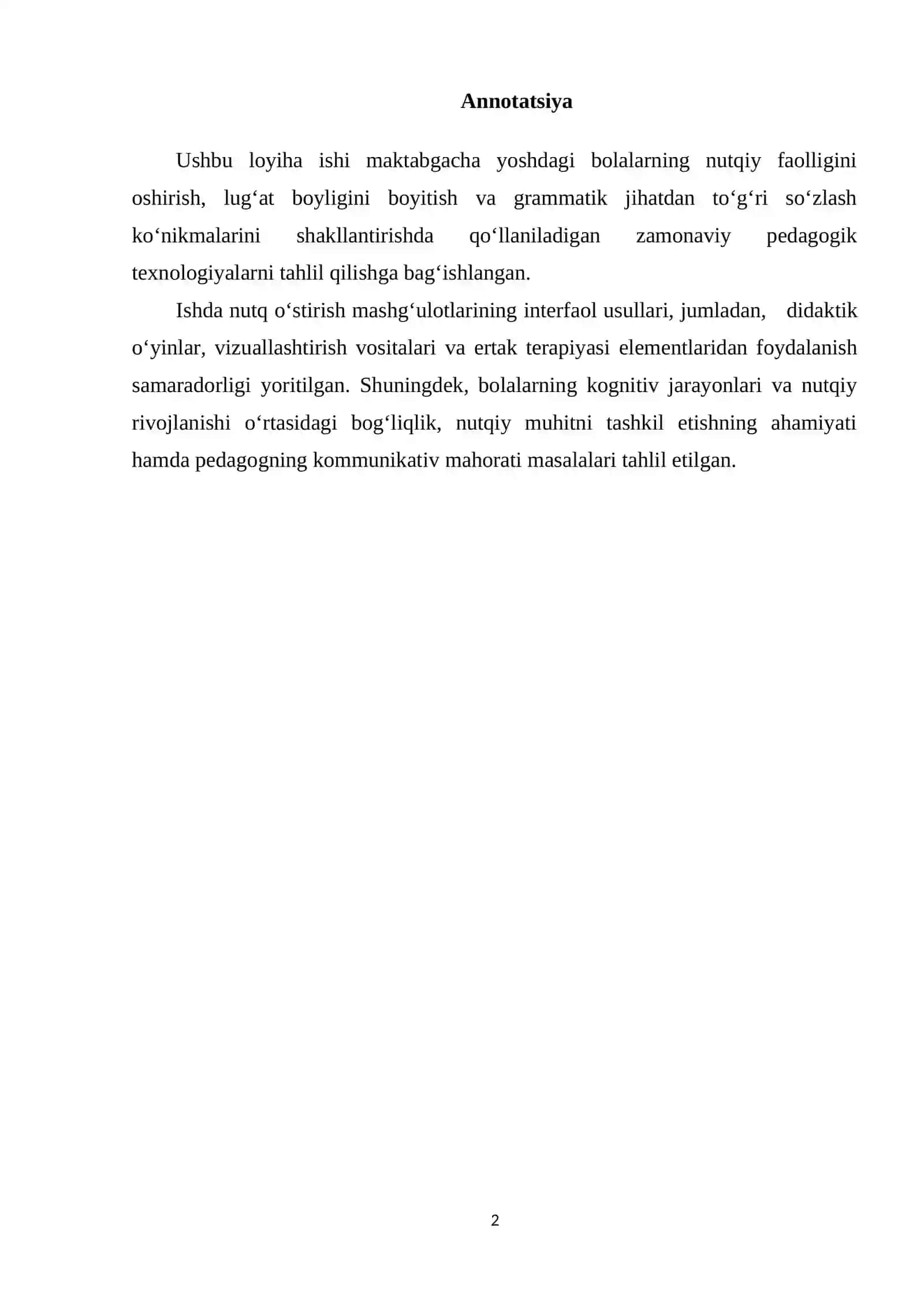 “Maktabgacha ta’lim tashkilotlarida Nutq o‘stirish mashg‘ulotlarini o‘tkazish texnologiyalari” mavzusida LOYIHA ISHI 2