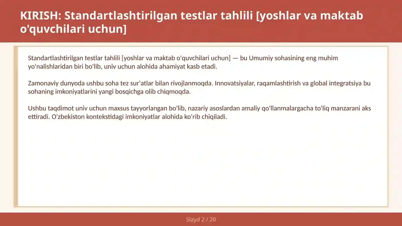 Standartlashtirilgan testlar tahlili [yoshlar va maktab o'quvchilari uchun] 2