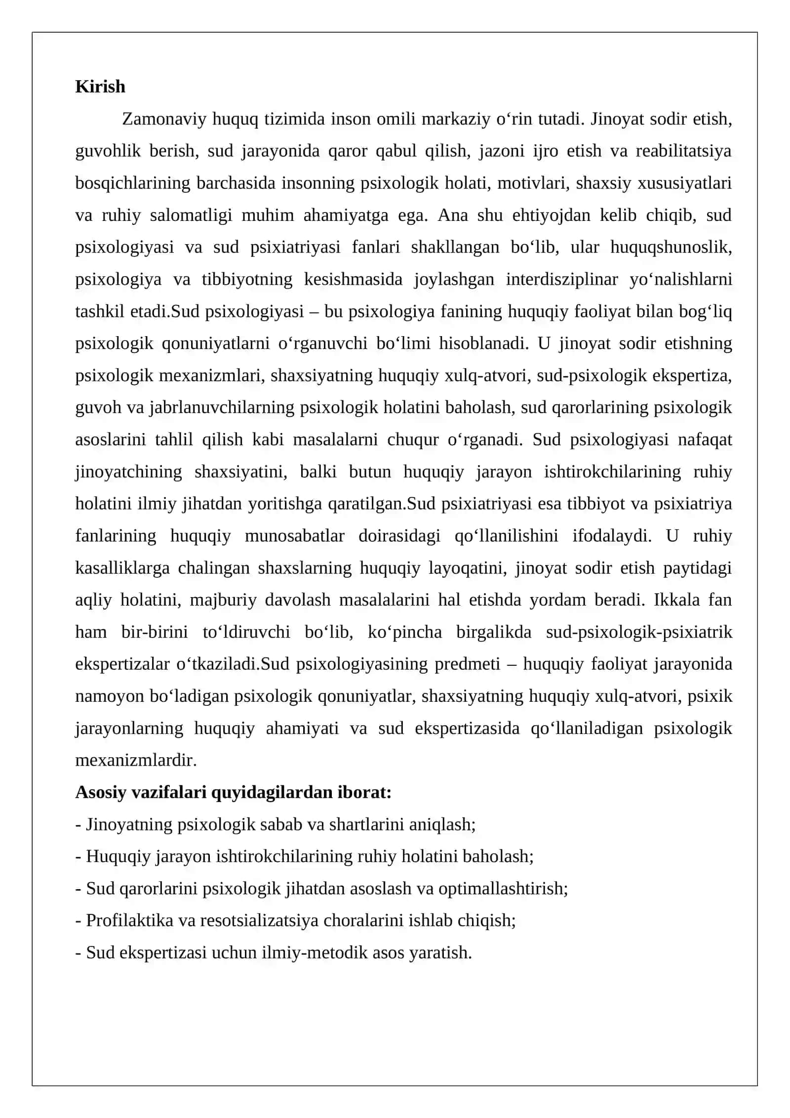 Sud psixologiyasi va psixiatriyasiga kirish. Sud psixologiyasining predmeti, vazifalari va metodlari 2