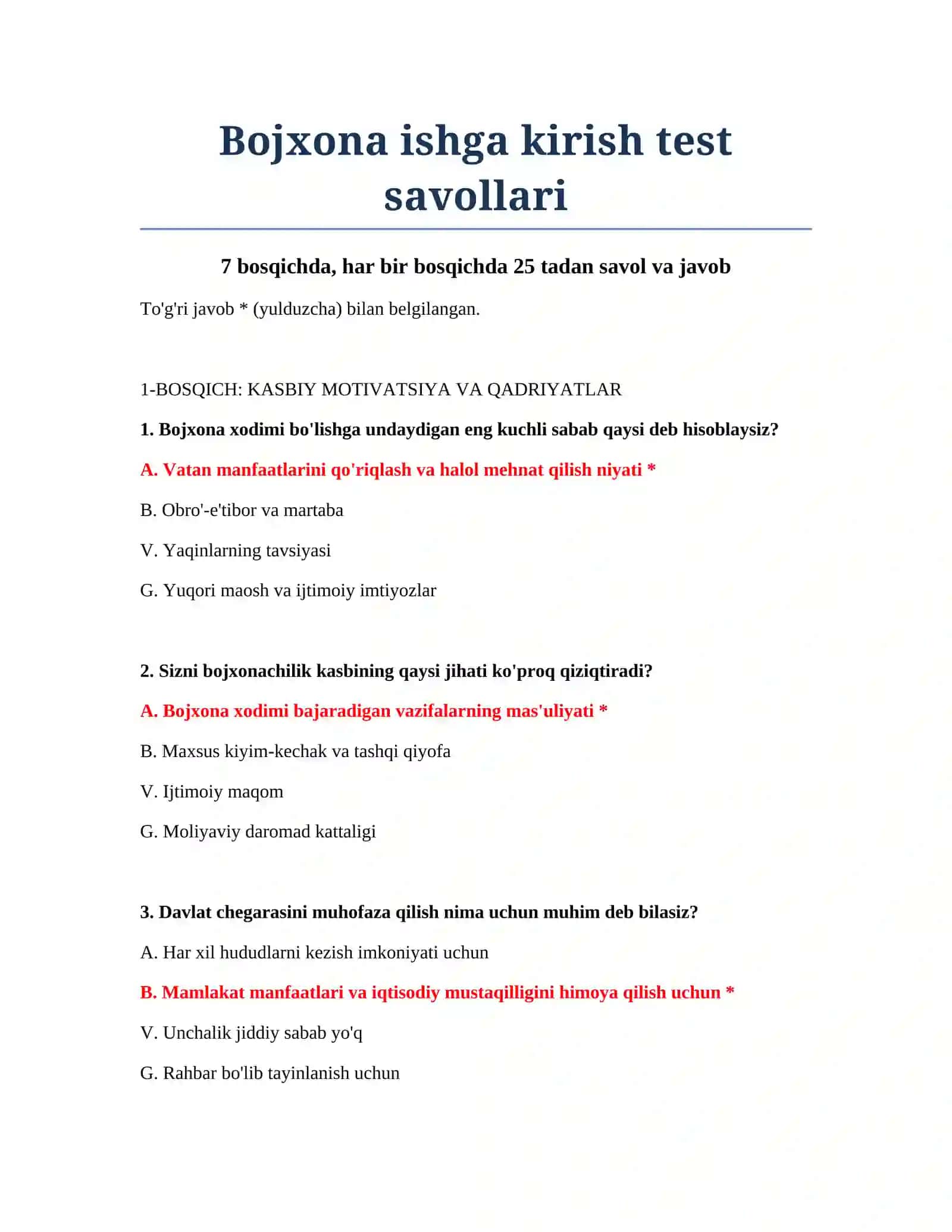 Bojxona ishga kirish test savollari 2