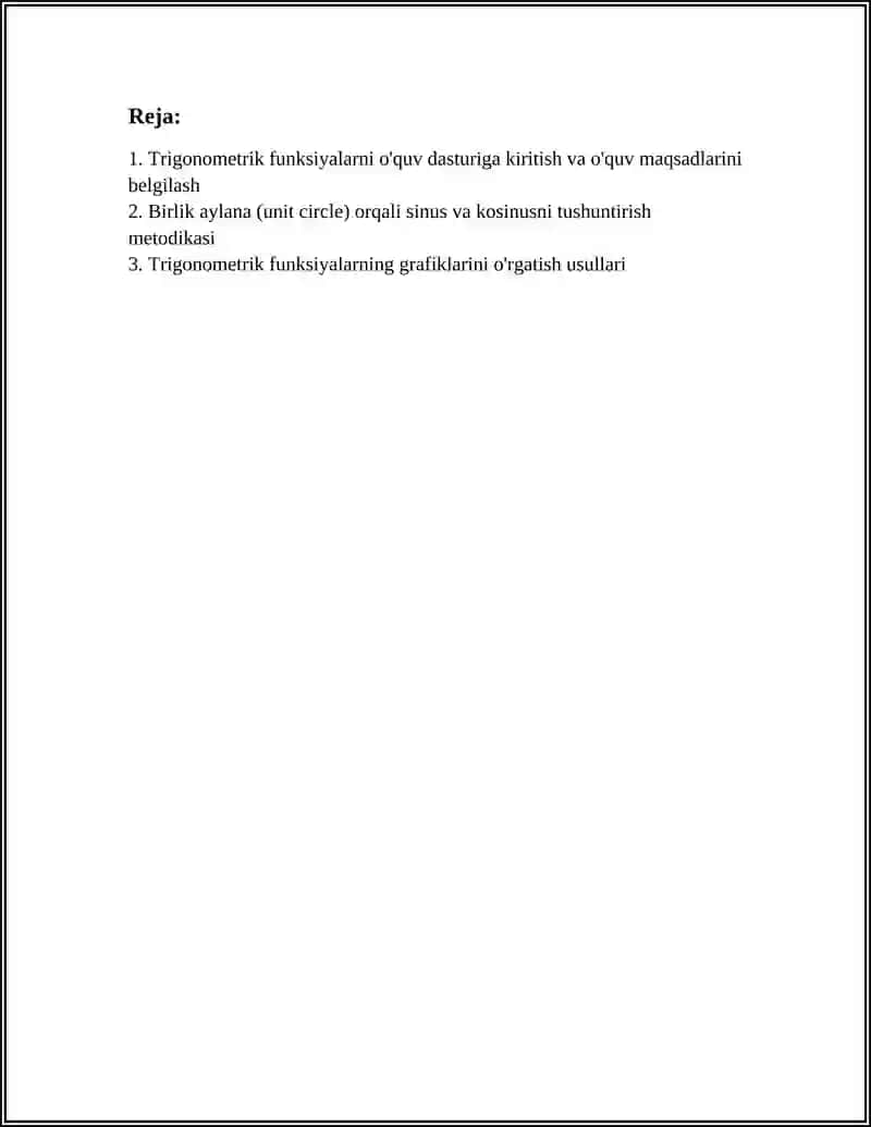 TRIGONOMETRIK FUNKTSIYALARNI O'QITISH METODIKASI 2