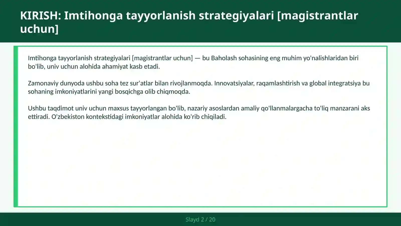 Imtihonga tayyorlanish strategiyalari [magistrantlar uchun] 2