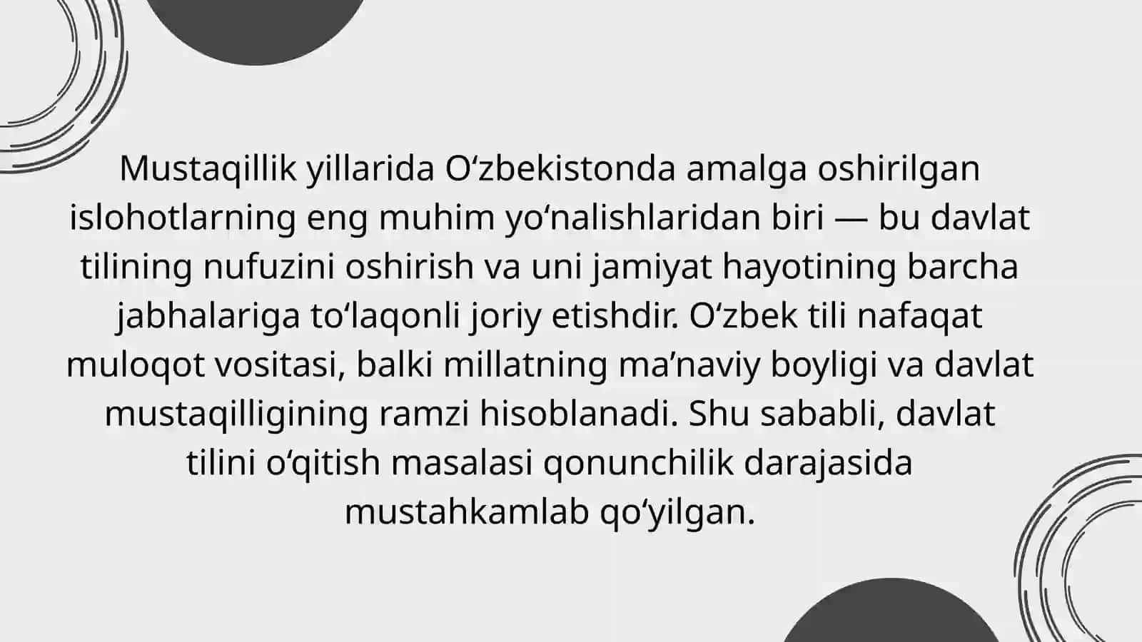 O‘zbekiston Respublikasining me’yoriy-huquqiy hujjatlarida o‘zbek tilini davlat tili sifatida o‘qitish masalalari 2