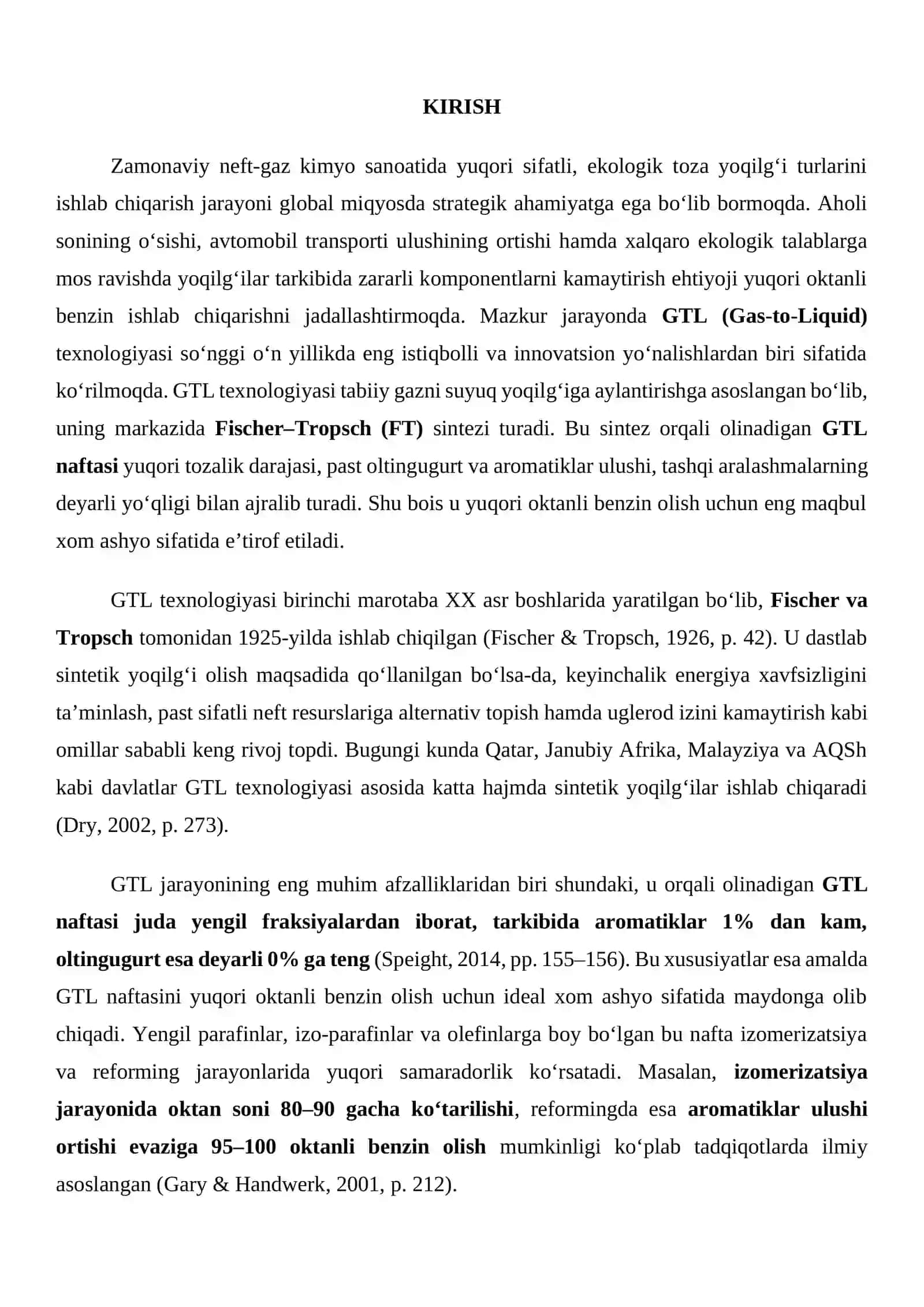 GTL tehnalogiyasi asosida olingan naftadan yuqori aktanli benzin olish asoslari va tehnalogiyasi 2