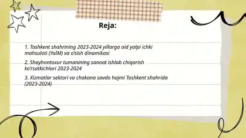 Toshkent shaxri va Shayhontoxur tumanining iqtisodiy tahlili va korsatkichlari 2023-2024 yillar 2