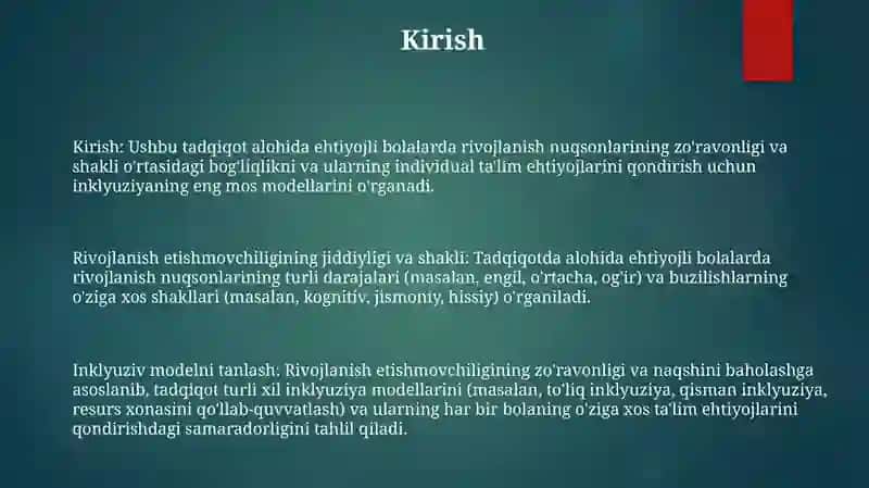 Alohida Yordamga Muhtoj Bolalarda Rivojlanishdagi Nuqsonining Chuqurligi Va Tuzilishi Qarab Inklyuziya Modellarini Tanlash 2