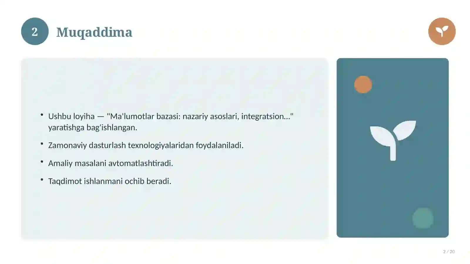 Ma'lumotlar bazasi: nazariy asoslari, integratsion yondashuvda (Mustaqil ta'lim topshirig'i) 2