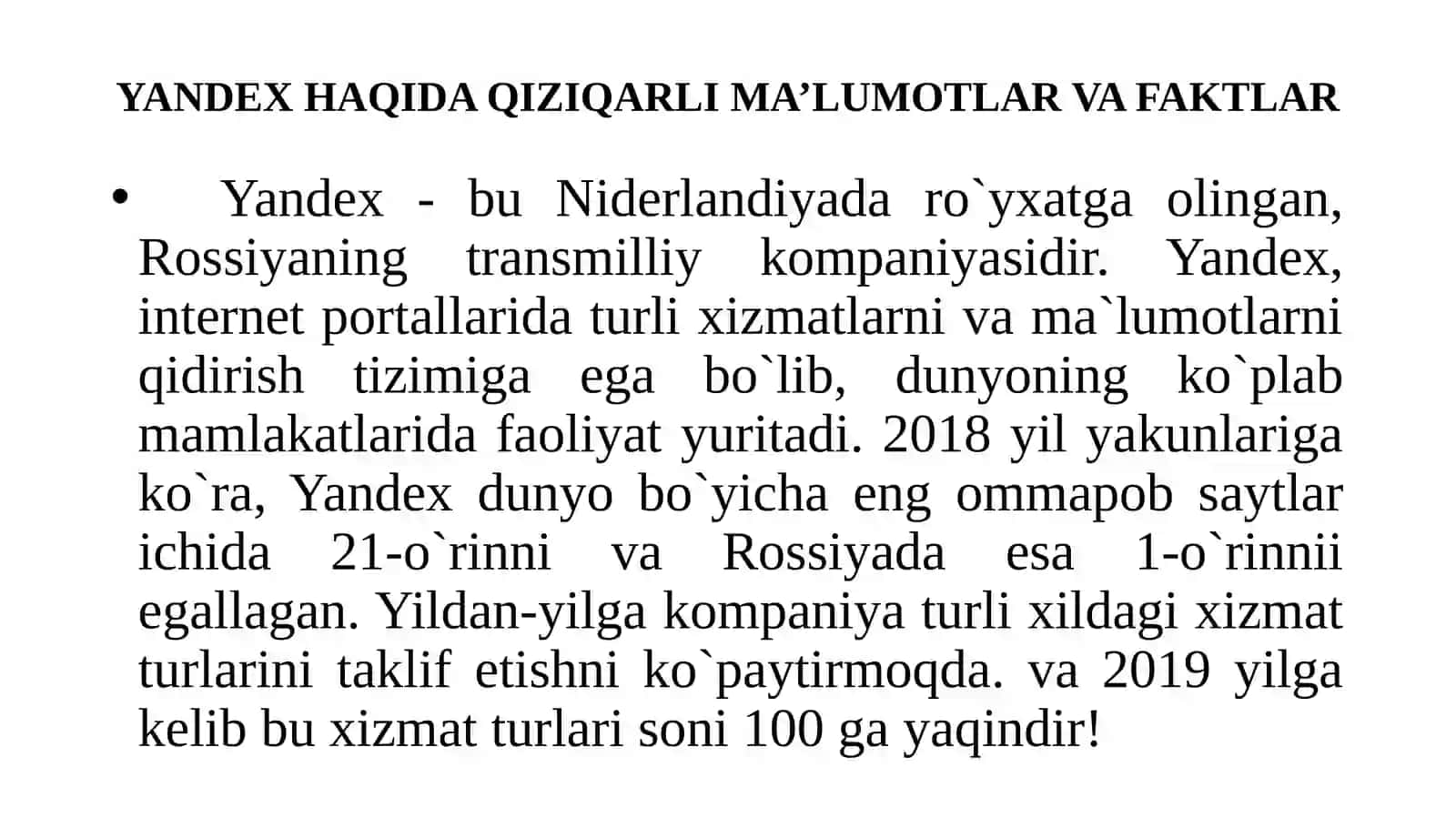 YANDEX HAQIDA QIZIQARLI MA’LUMOTLAR VA FAKTLAR 2