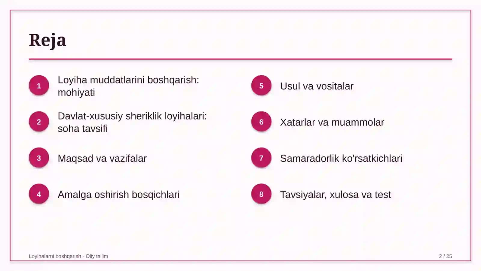 Davlat-xususiy sheriklik loyihalarida loyiha muddatlarini boshqarish 2