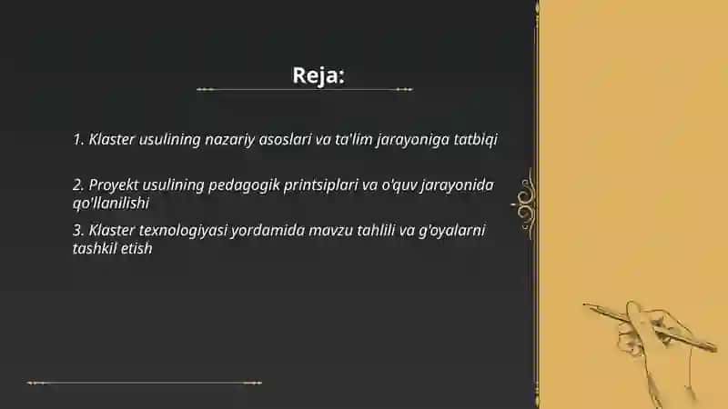 Zamonaviy pedagogik texnologiyalardan foydalanish imkoniyatlari ( klaster, proyekt usuli) 2