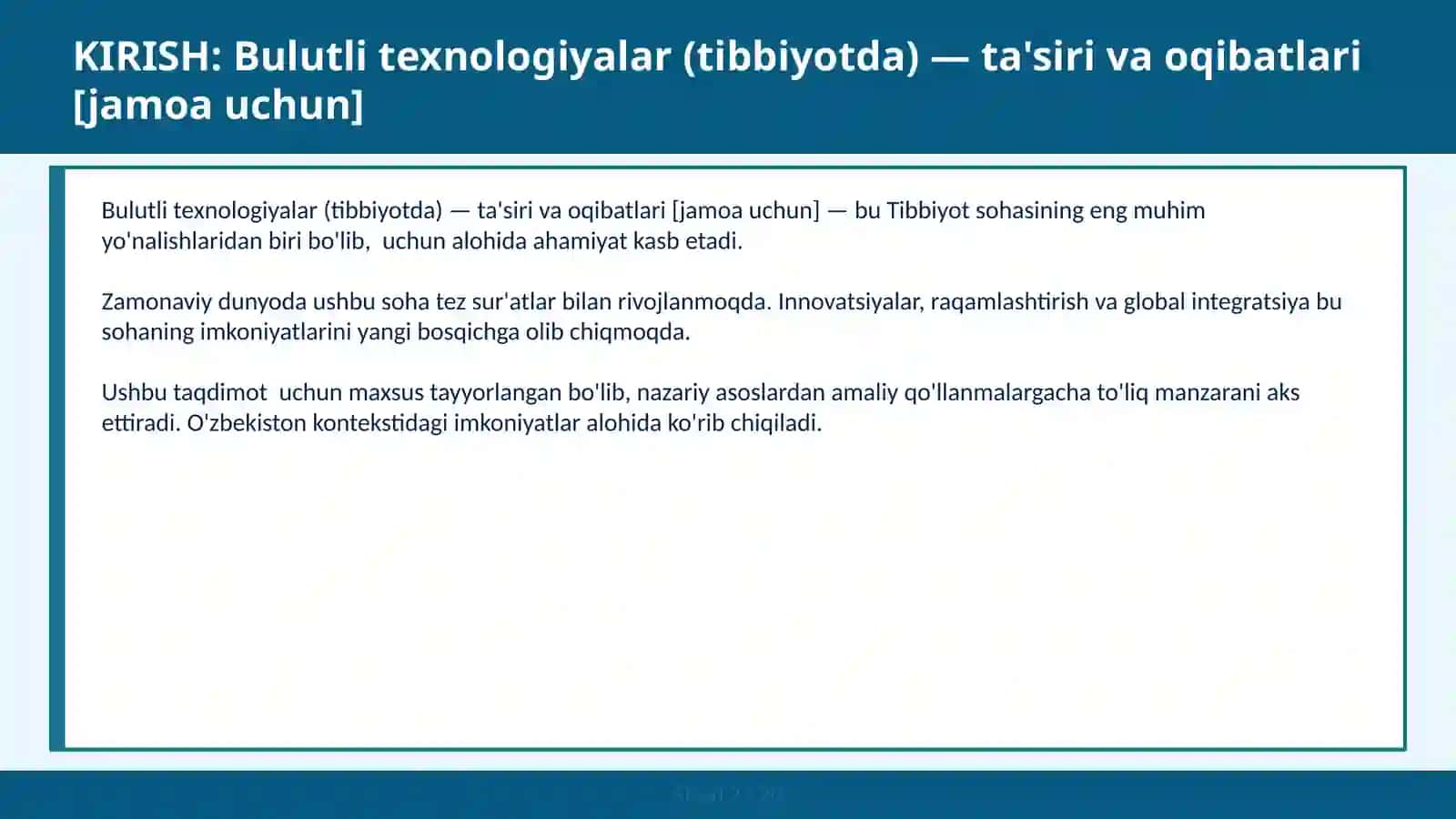 Bulutli texnologiyalar (tibbiyotda) — ta'siri va oqibatlari [jamoa uchun] 2