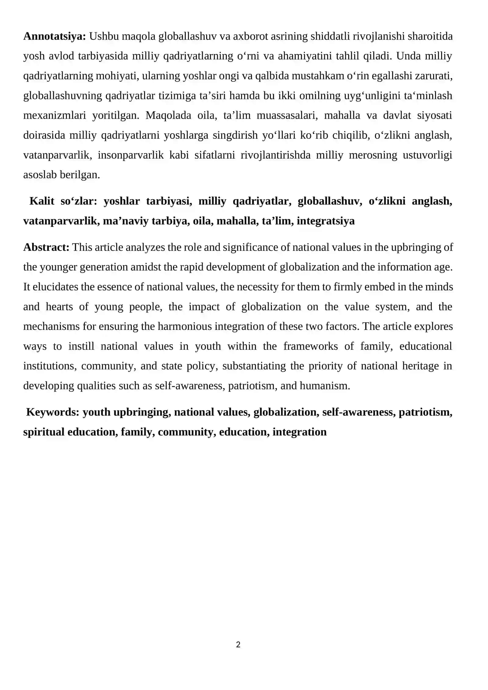 YOSHLAR ORASIDA MILLIY QADRIYATLARNI MUSTAHKAMLASH VA HUQUQIY MAS’ULIYATNI SHAKLLANTIRISH MASALALARI 2