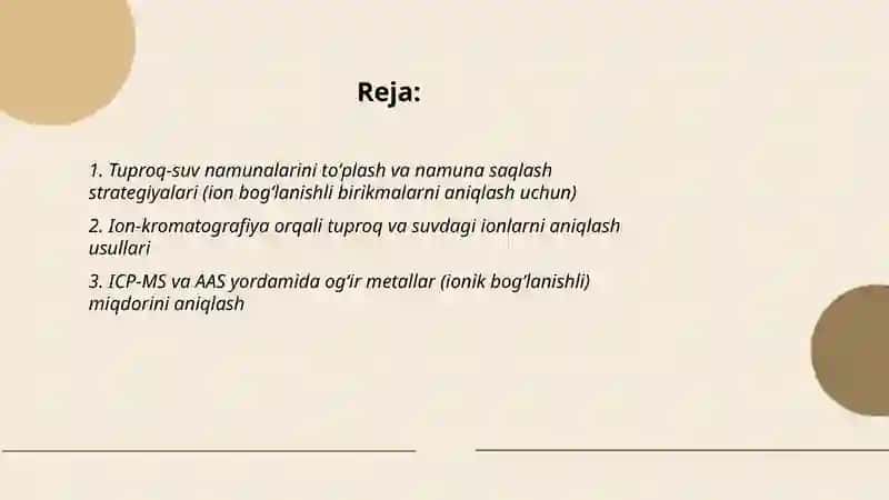 Tuproq suvning ifloslanishida ion bog`lanishli birikmalarni aniqlash 2