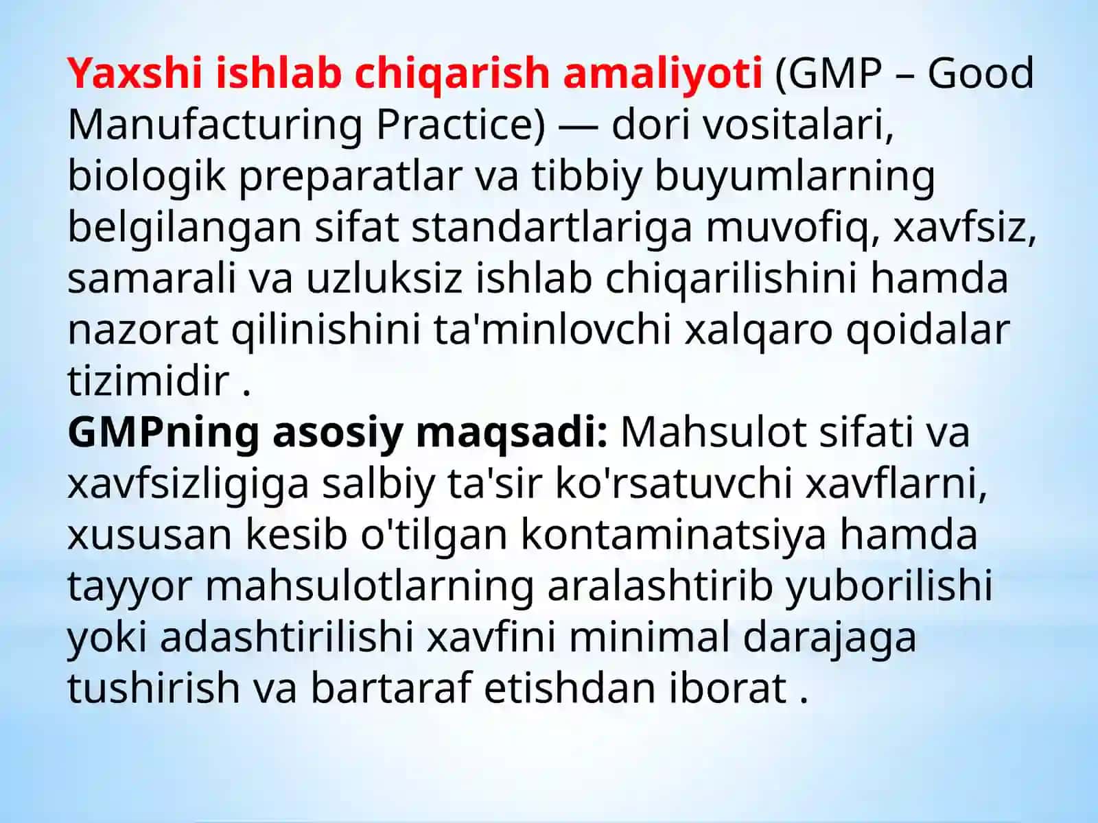Yaxshi ishlab chiqarish amaliyoti qoidalari (GMP) 2