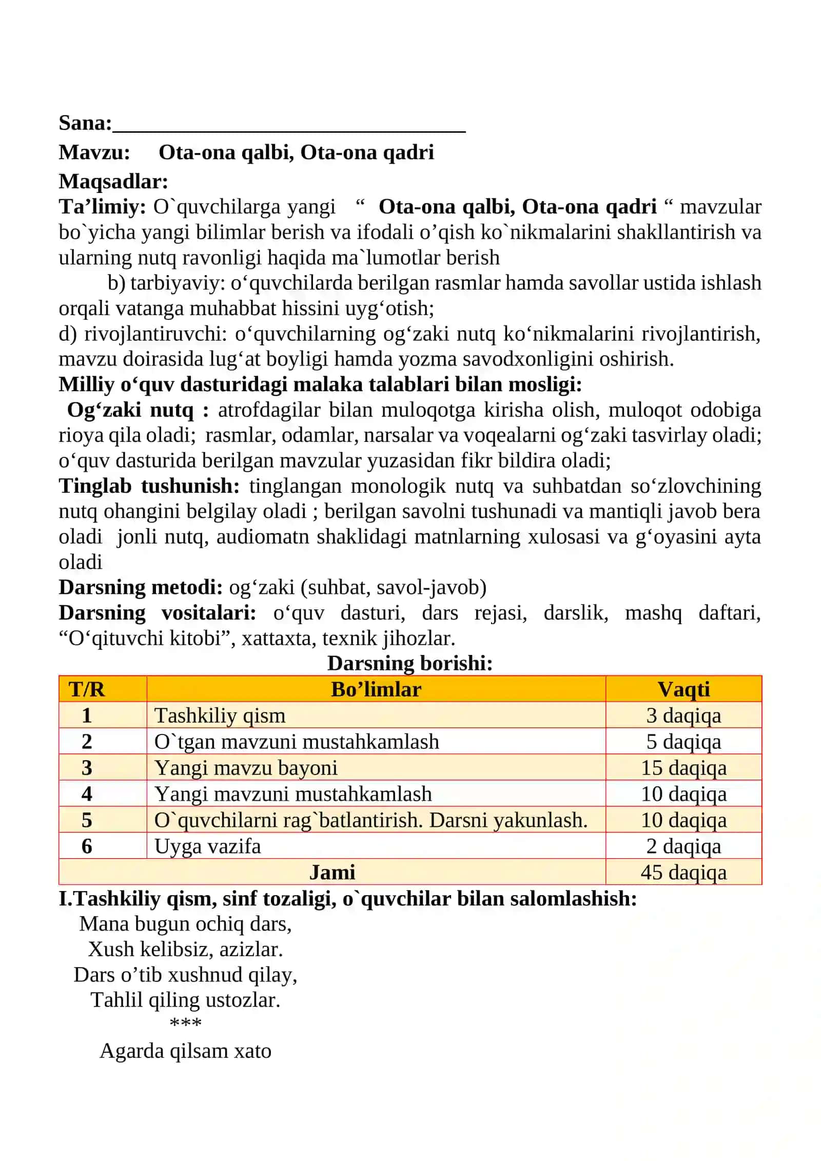 Ota-ona qalbi, Ota-ona qadri mavzusida 3-sinf O'qish fanidan dars ishlanmasi 2
