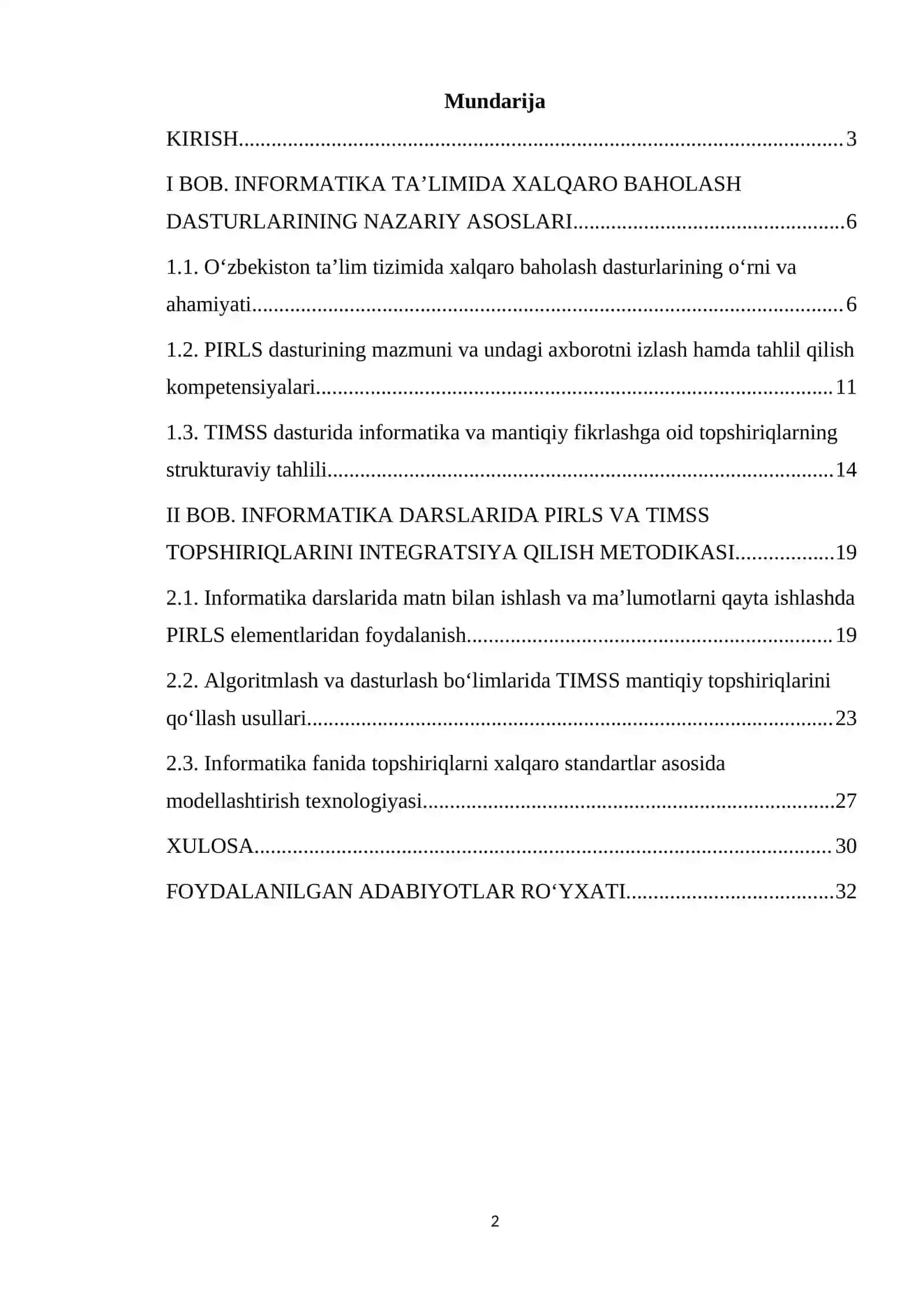 Informatika fanini oʻqitishda xalqaro baholash dasturlari (PIRLS, TIMSS) topshiriqlarini integratsiya qilish metodikasi 2