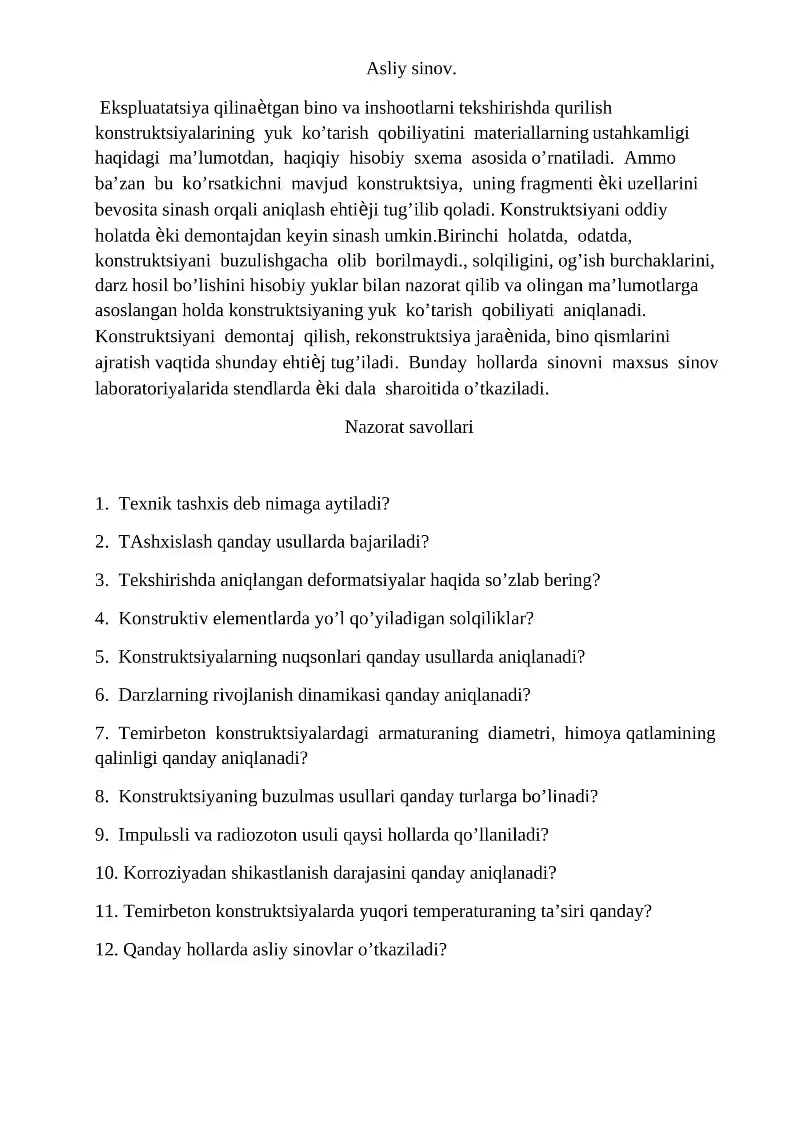 Bino va inshootlar elementlarining korroziya va temperaturadan shikastlanish darajasini aniqlash. Asliy sinov. Konstruktsiya holatini aniqlash 2