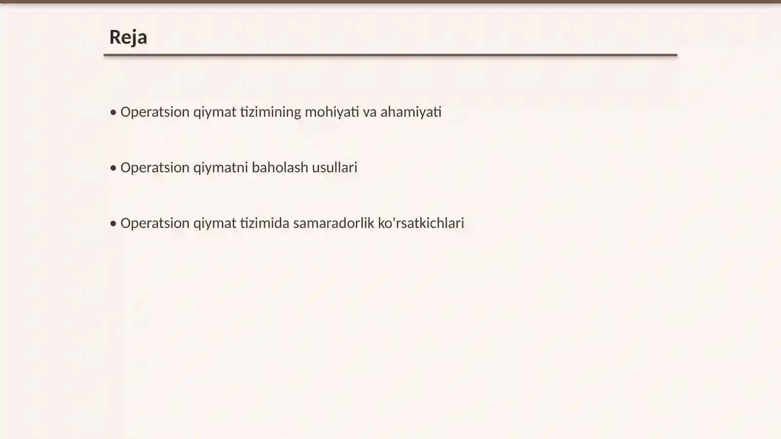 Operatsion qiymat tizimini tahlil etish Operatsion fanidan 2