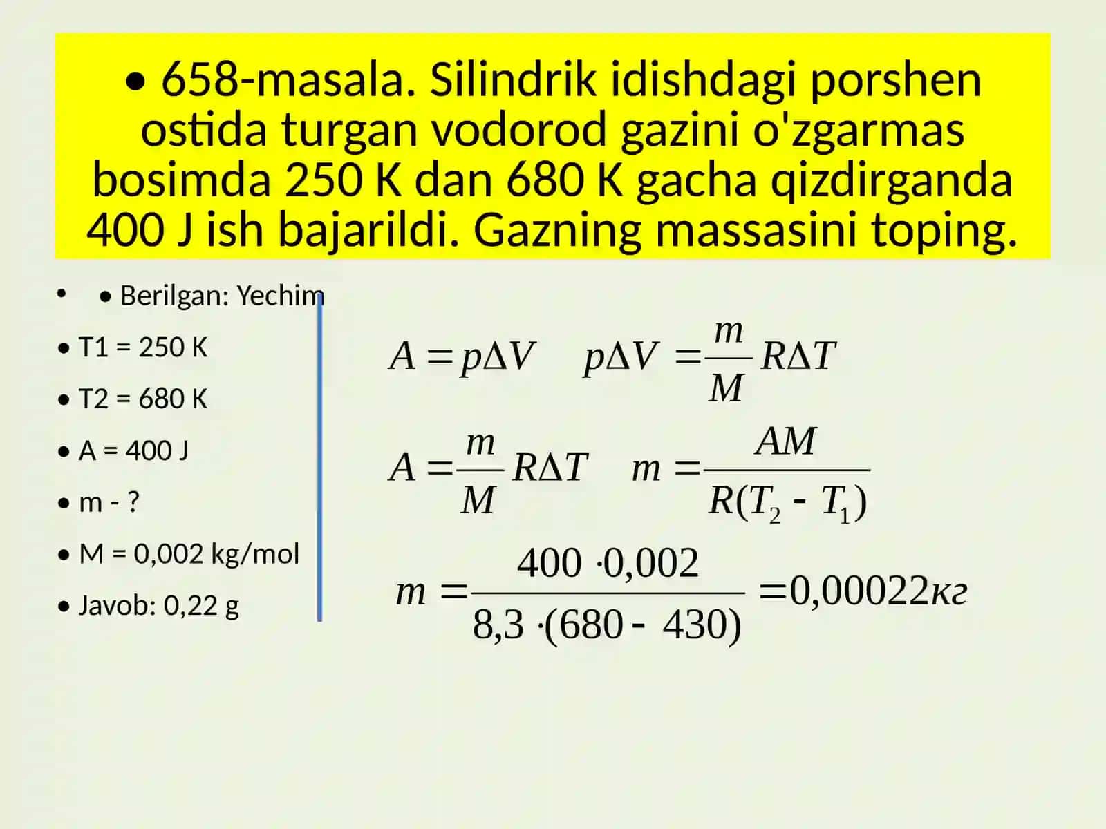 Fizika - Issiqlik miqdori va porshenli gaz masalalari (10-sinf) 2
