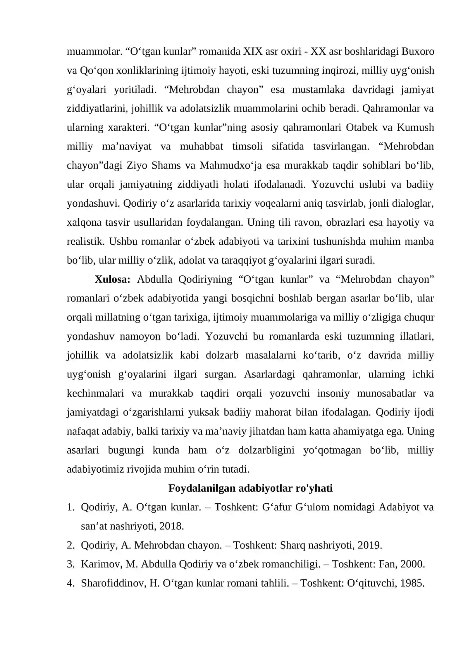 "Oʻtgan kunlar", "Mehrobdan chayon" romanlari tahlili 2