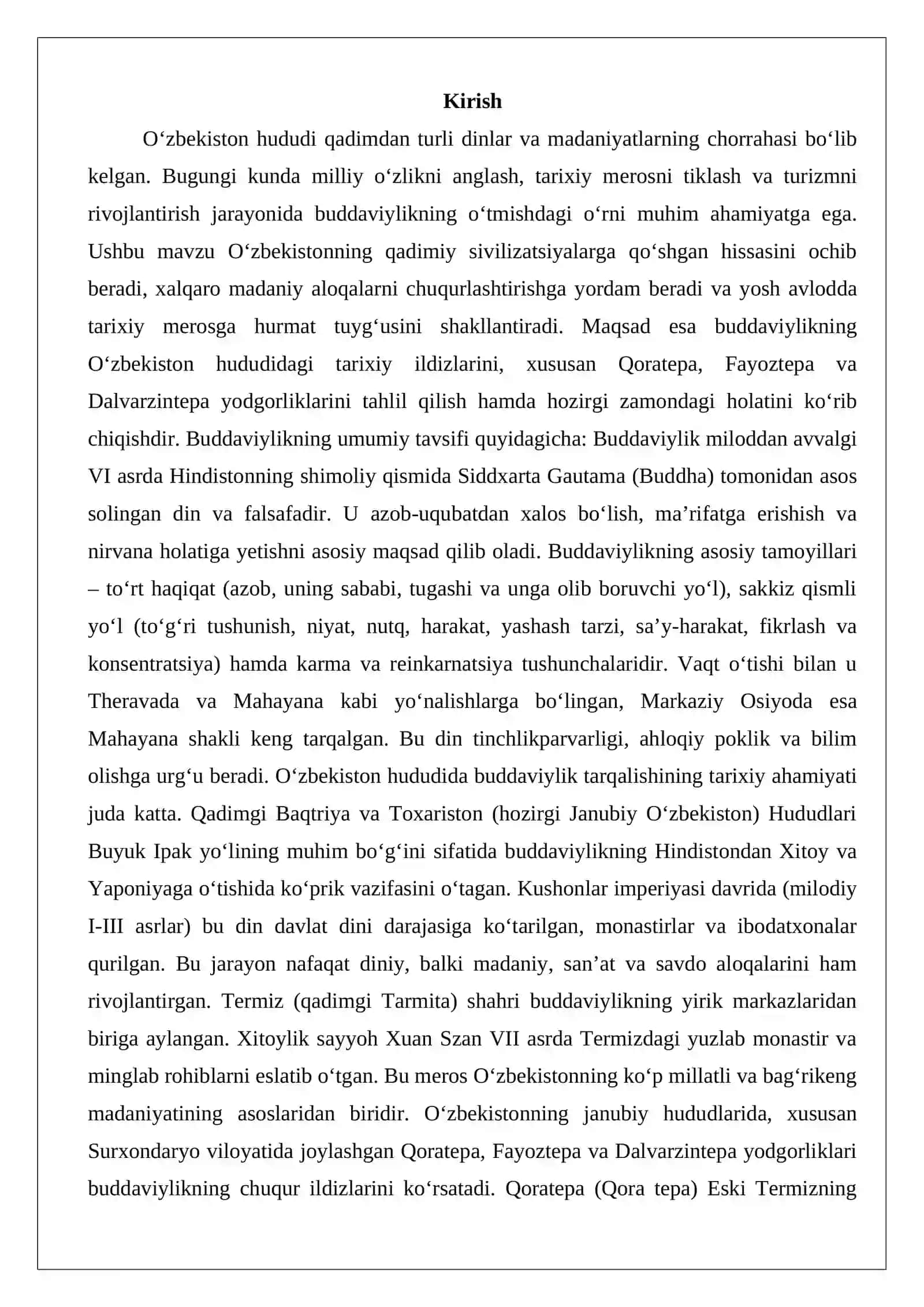O‘zbekistonda buddaviylik dinining tarixiy ildizlari (Qoratepa, Fayoztepa, Dalvarzintepa) va hozirgi zamon 2