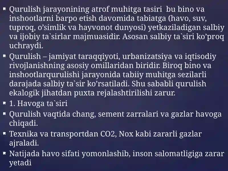 Qurulish jarayonining atrof-muhitga tasiri 2