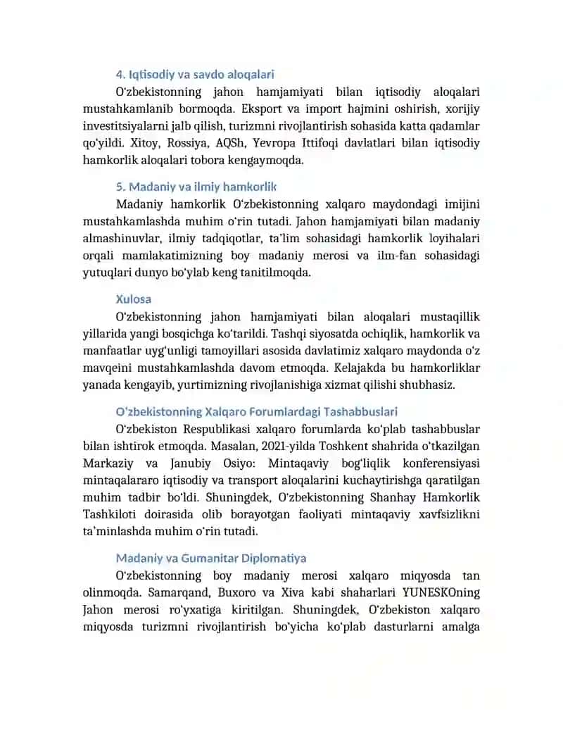 O‘zbekiston va Jahon Hamjamiyati 2