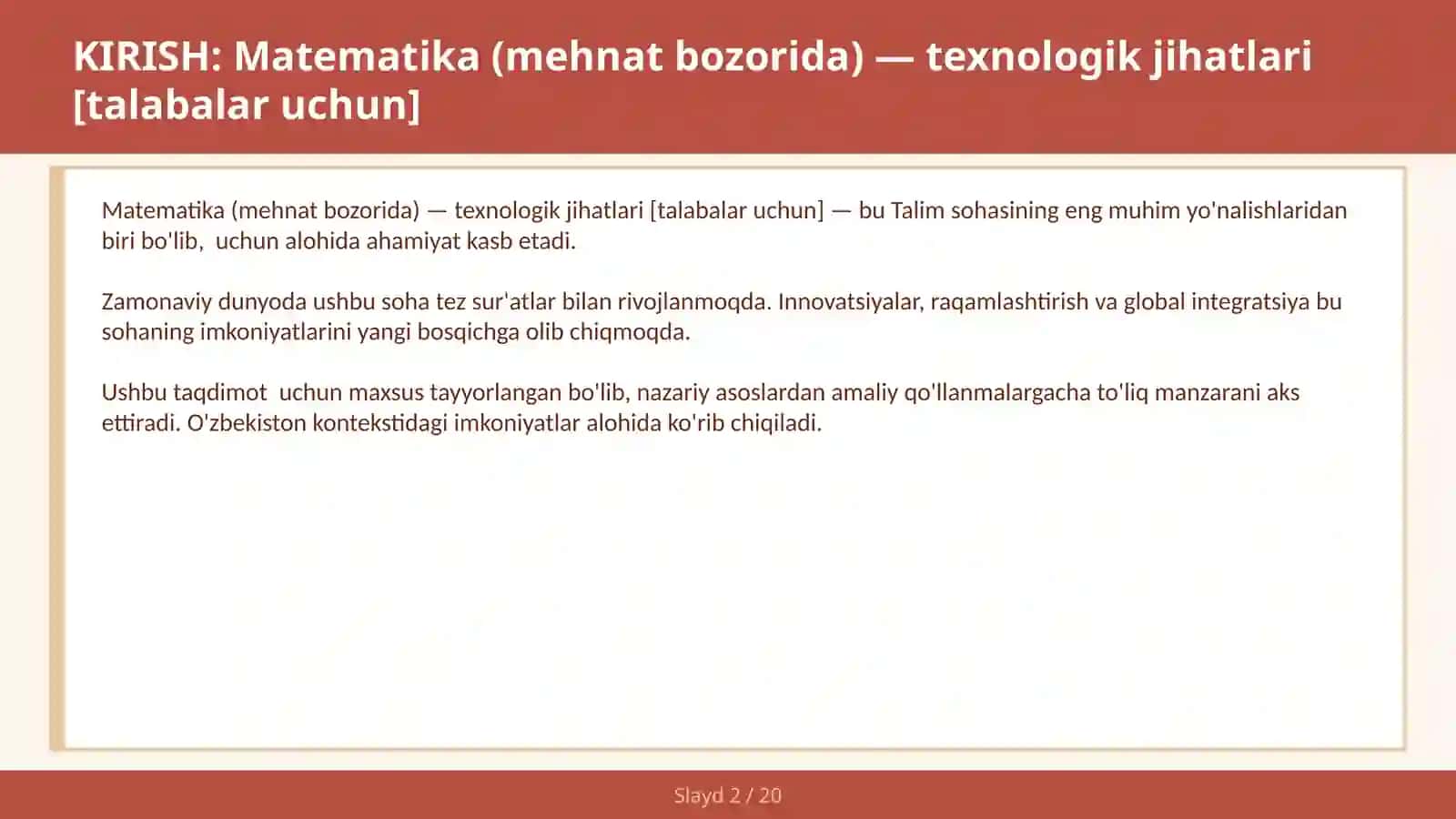 Matematika (mehnat bozorida) — texnologik jihatlari [talabalar uchun] 2