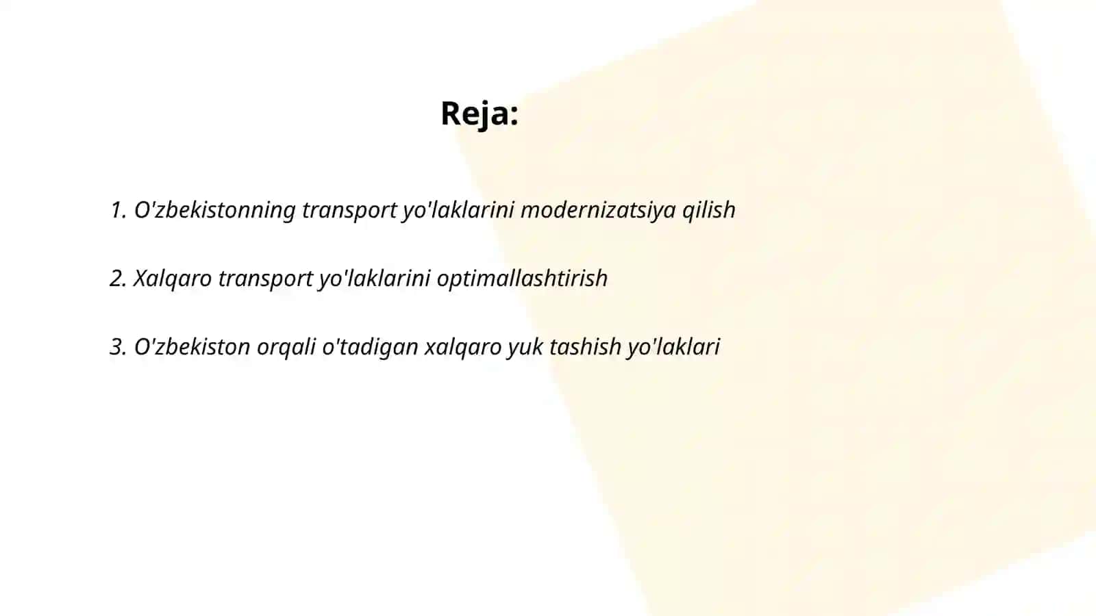 O'zbekstannıń transport yo'laklari (yo'laklari). Transport yo'laklarini rivojlantirish bo'yicha xalqaro dasturlar 2